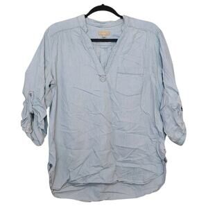Takara Womens Split Neck Tunic Size XL Chambray 3/4 Roll Tab Sleeve Pullover Top